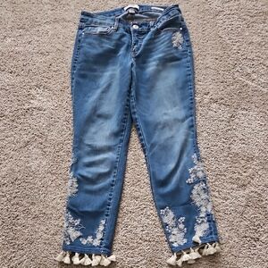 Embroidered Blue Jeans with Tassels